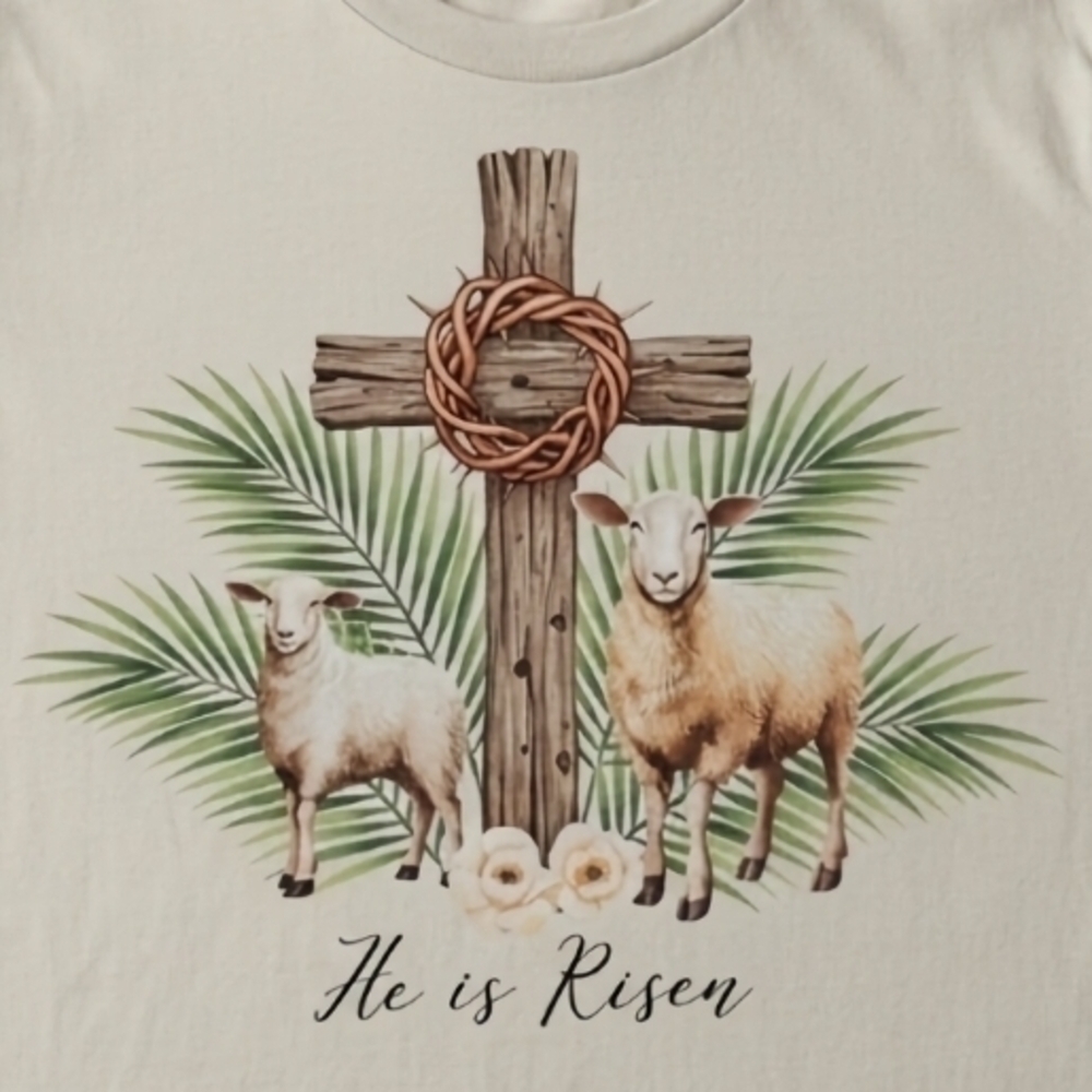 He Is Risen Christian Easter Tee • Cross & Lambs Graphic • Faith Shirt - Picture 2 of 12